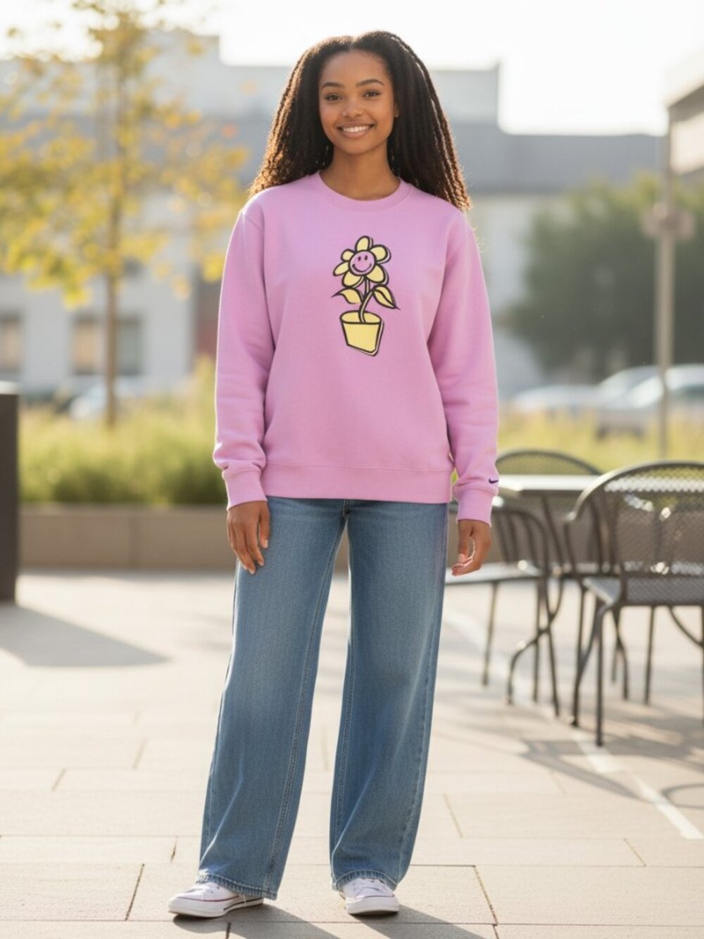 SMILEY Pink Growing Smiles Pullover Crewneck Long Sleeve Sweatshirt, Small